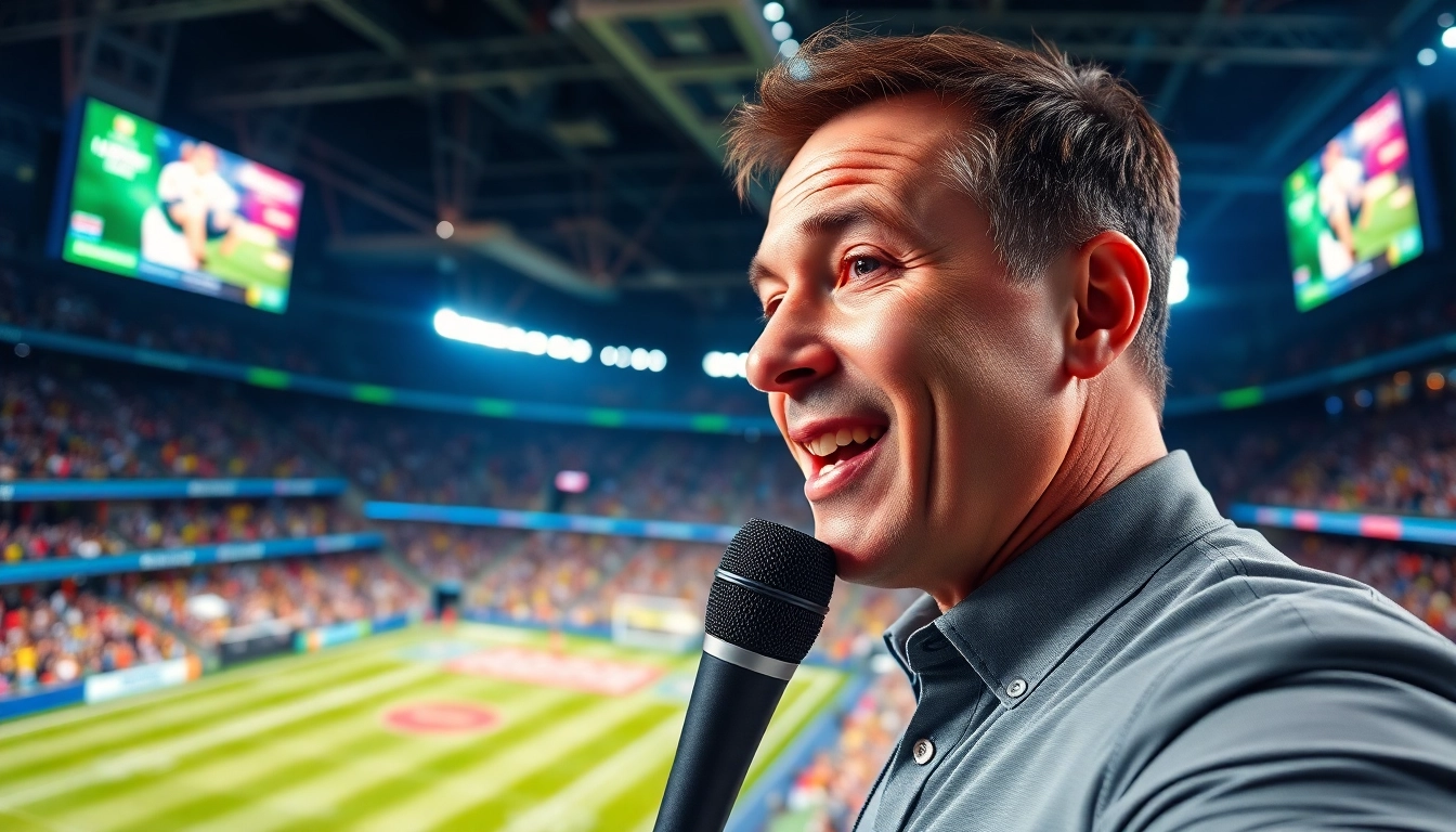 Sports Broadcasting with a professional commentator engaged in a lively sports arena performance.