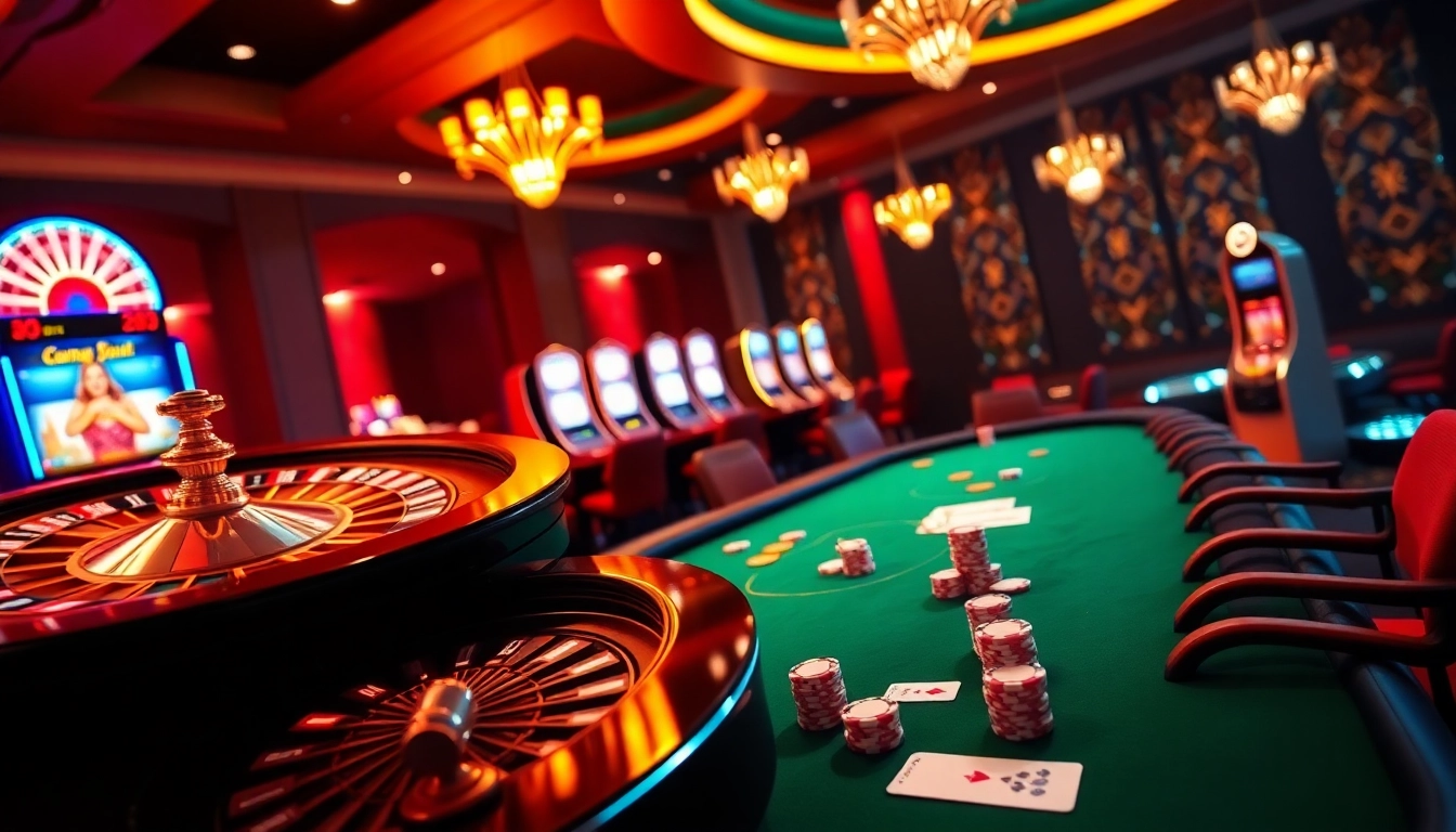 Experience thrilling gameplay at fun79 com with a vibrant casino scene showcasing poker tables and slots.