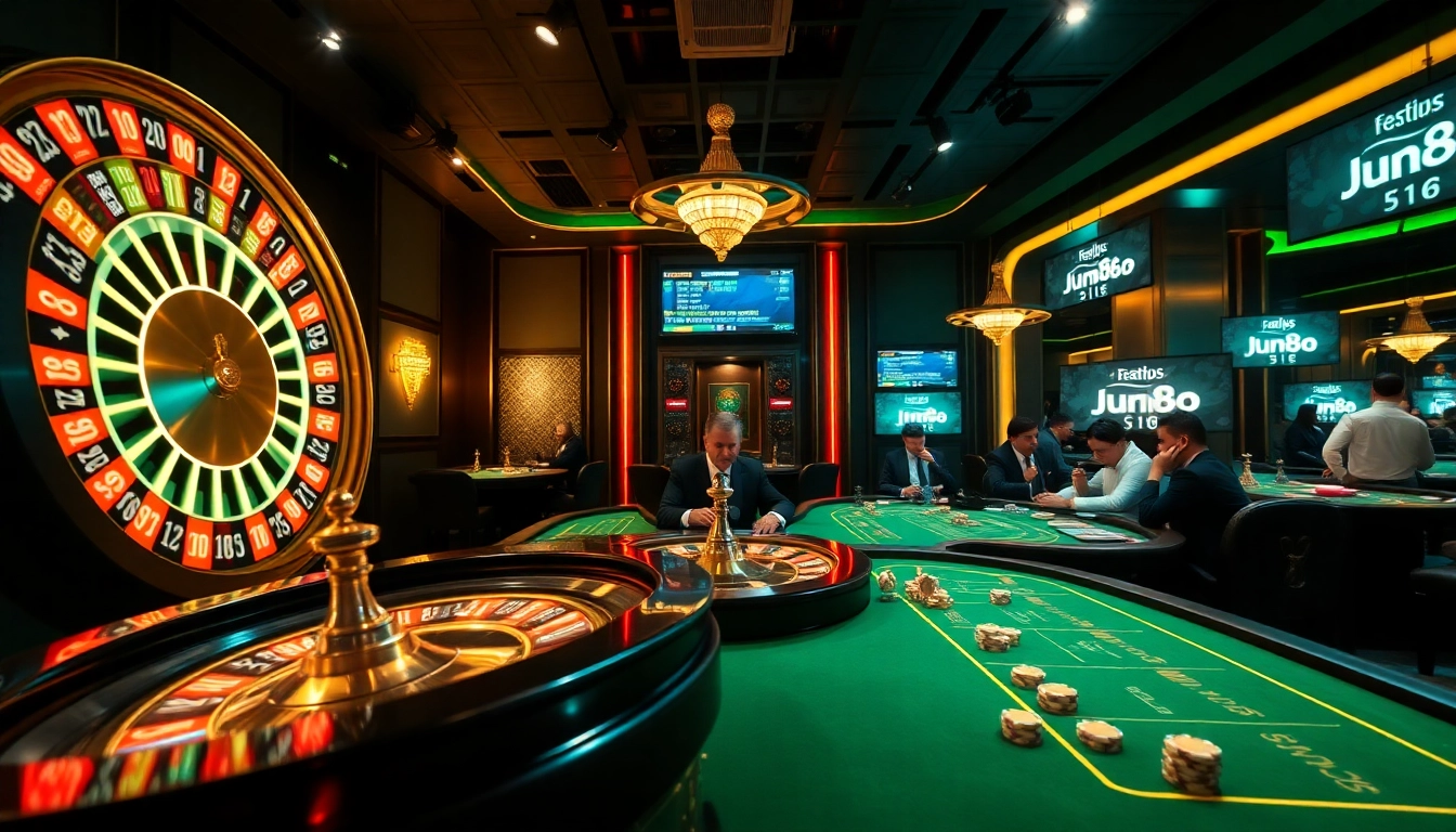 Exciting casino scene at https://www.jun88.org/ showcasing professional poker tables and vibrant roulette.