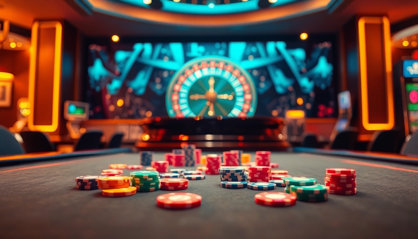 Experience the thrill of gambling at loto188.gb.net with vibrant poker chips and an exciting roulette table.