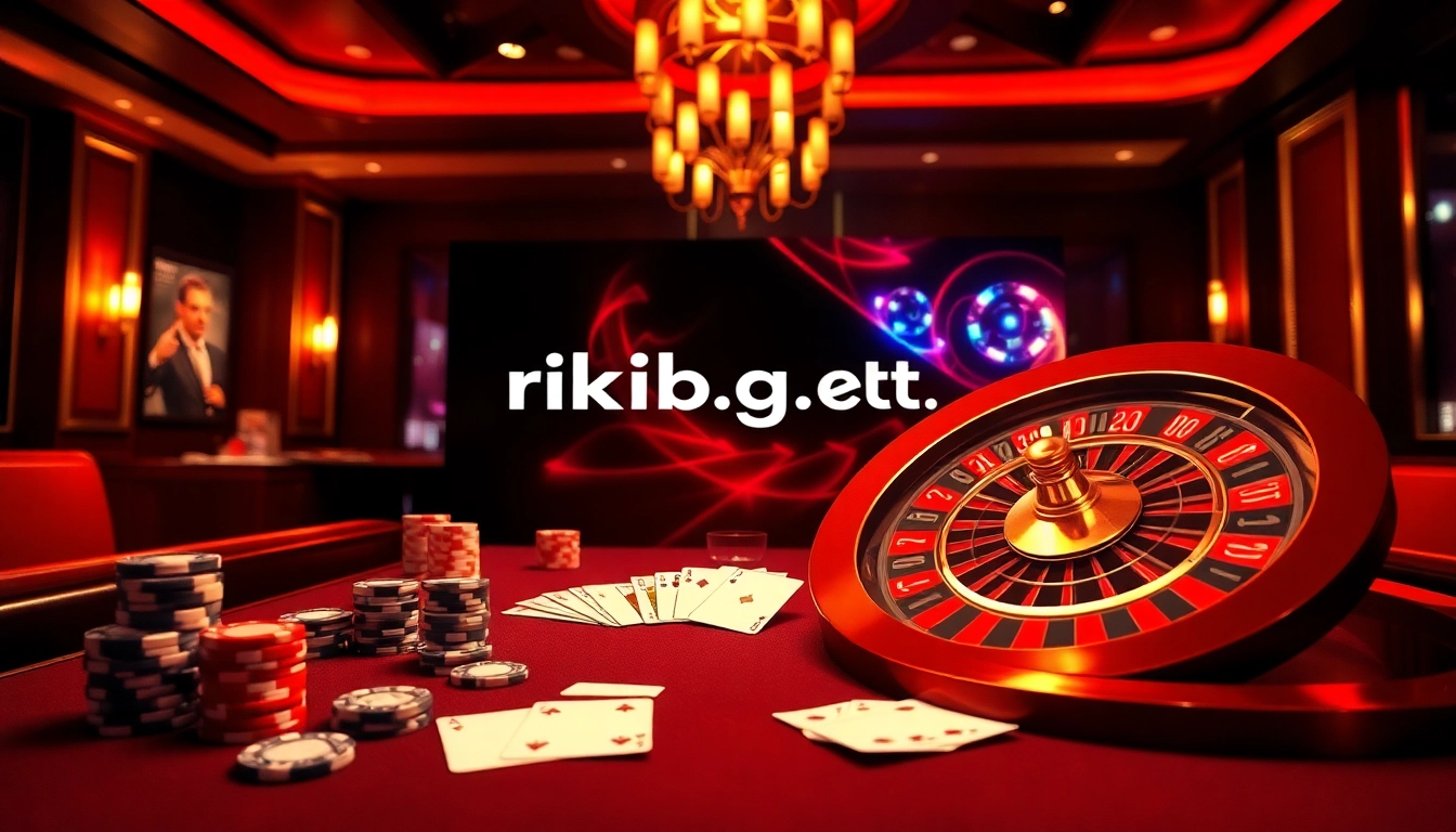 Experience high-stakes excitement at rikvip.gb.net with a vibrant casino scene featuring poker chips and a roulette wheel.