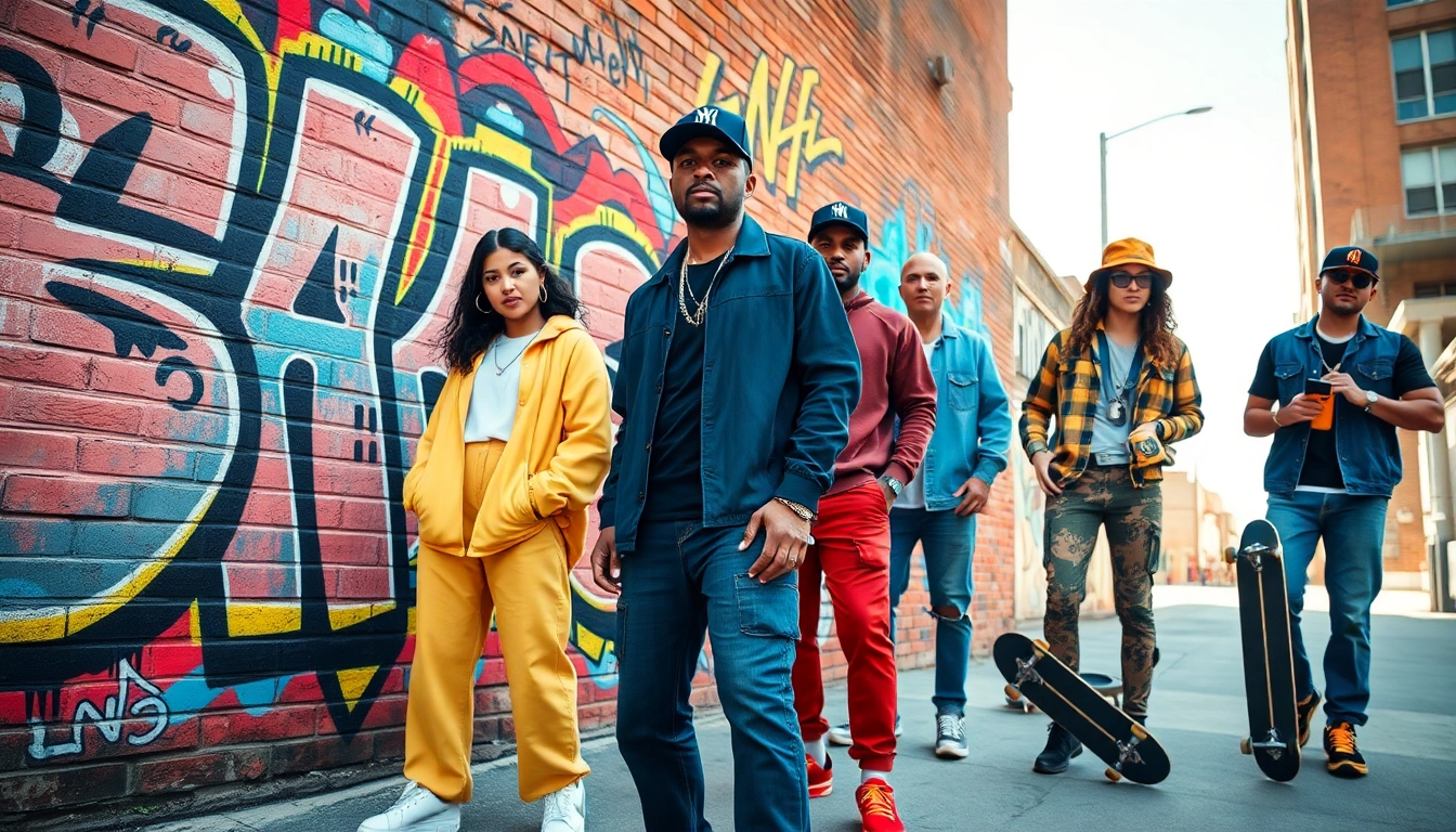 Vibrant urban streetwear clothes on diverse models against colorful graffiti background.
