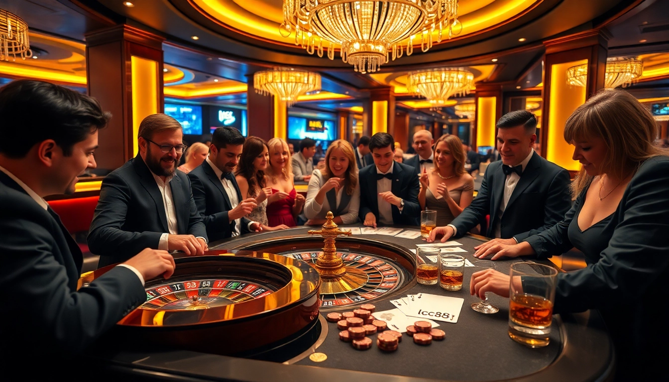 Players enjoying gambling at a premium lc88 casino table with roulette and poker elements.