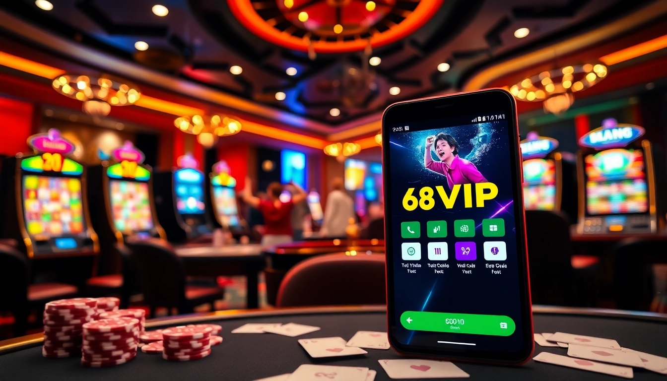 Tải App Nhà Cái 68VIP on a smartphone amidst a luxury casino scene, showcasing vibrant gaming elements.