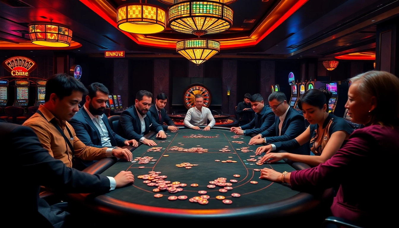 Players engaging in an intense poker game at a luxurious casino, capturing the excitement of nohu.