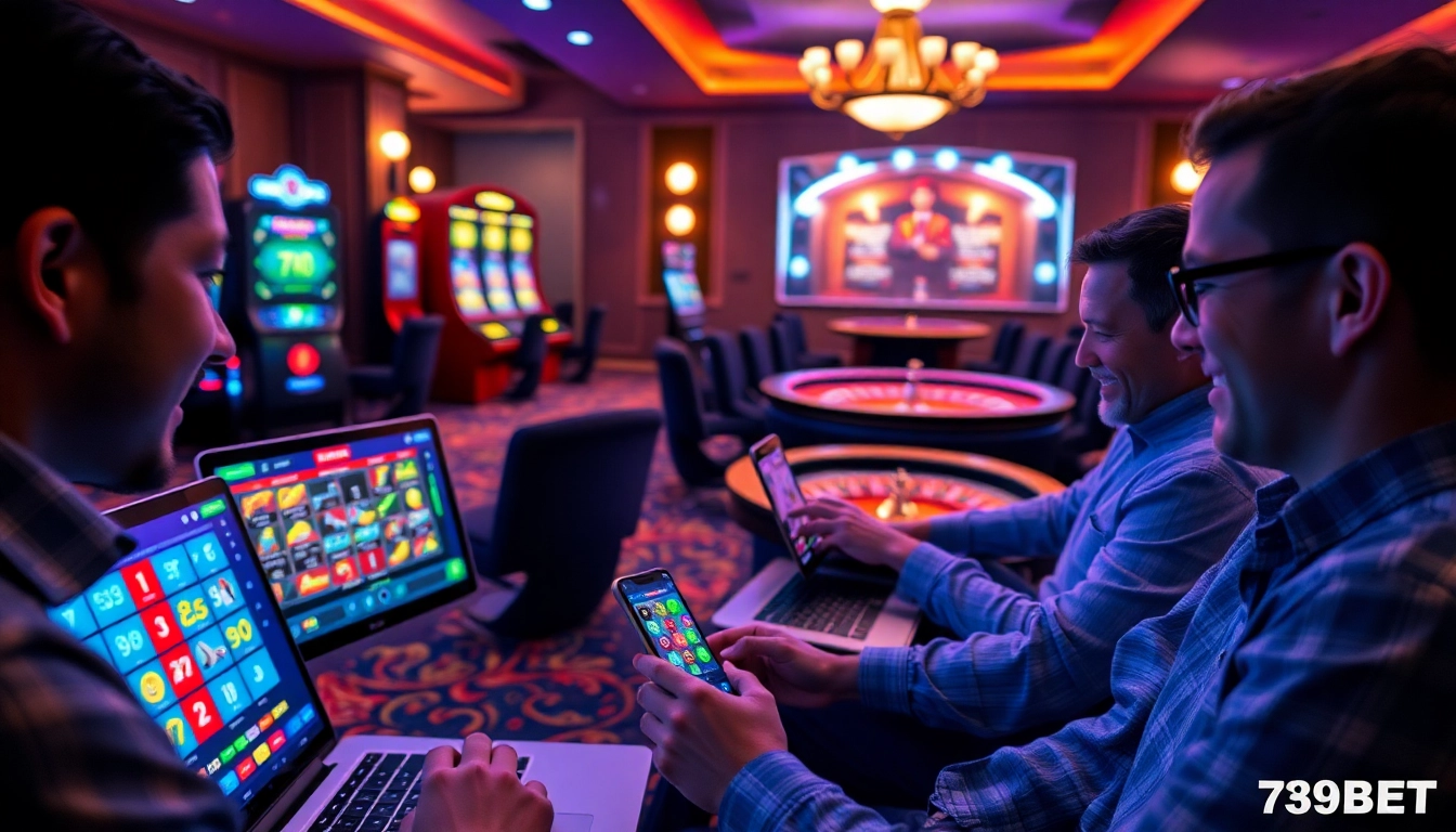 Players enjoying the thrilling experience of online gambling at https://057789.com/ with vibrant casino graphics.